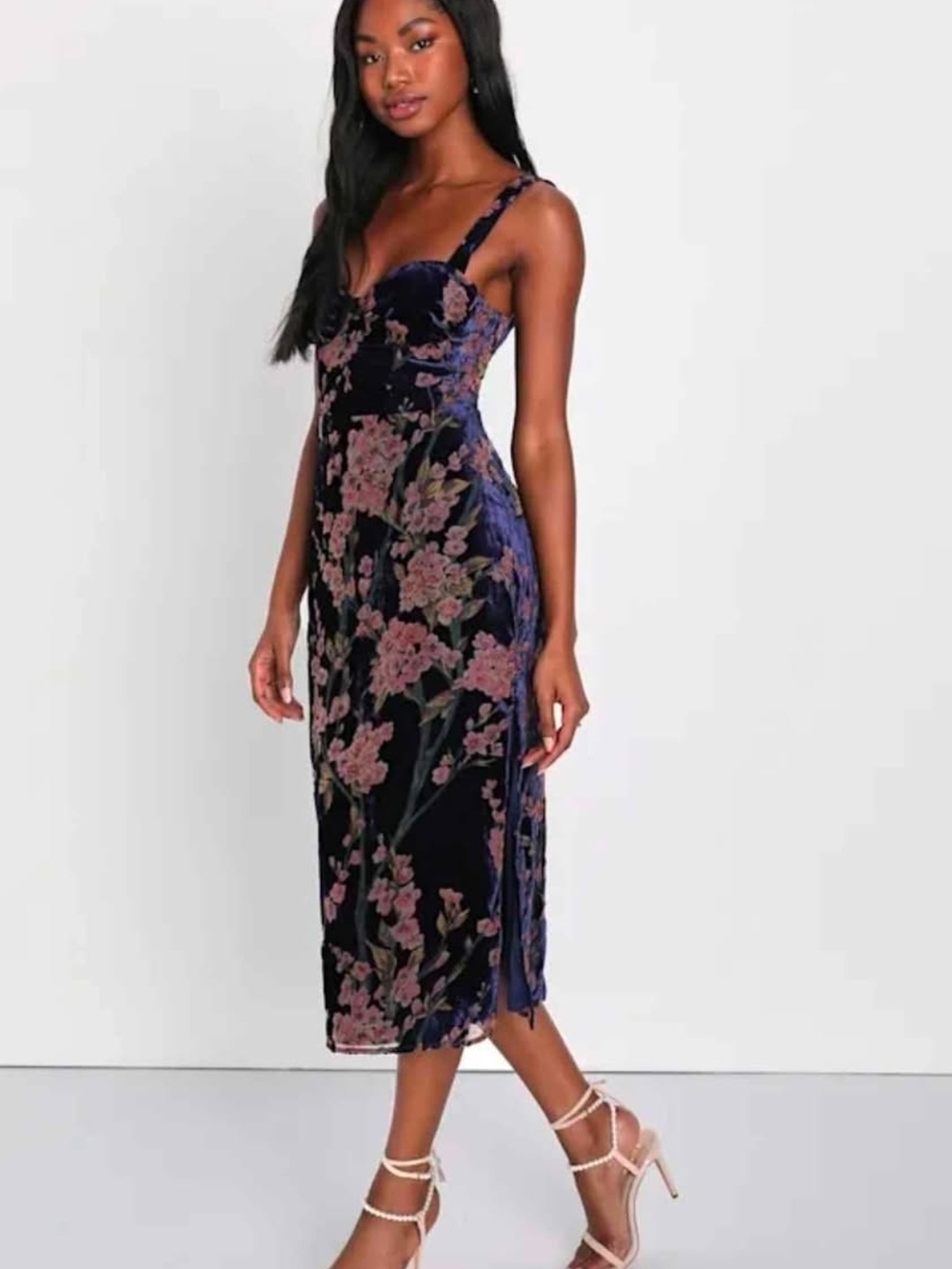 Lulu's Navy Velvet Midi Dress with Pink Floral Burnout